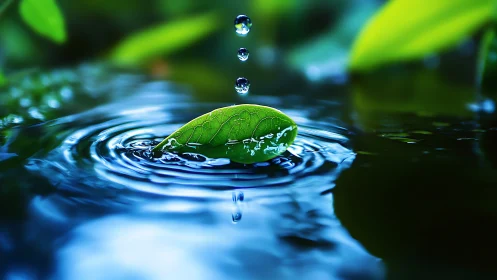 Leaf on water with macro ripples and suspended droplets.