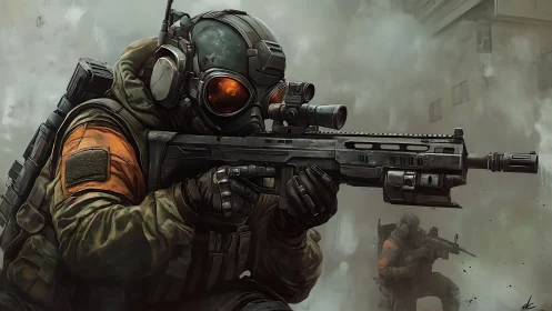 Tactical operator in urban fog with modular rifle optics.
