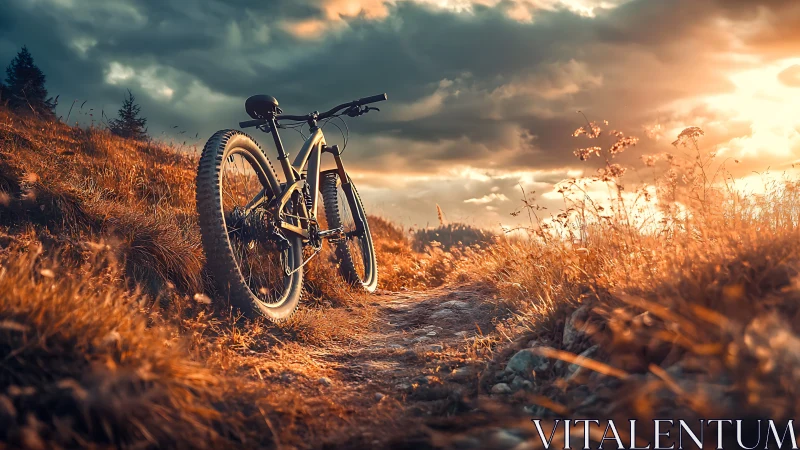 Mountain Bike Positioned Against Autumn Landscape at Golden Hour