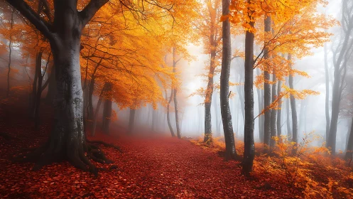 Misty Autumn Forest Path. Golden Foliage Through Fog.