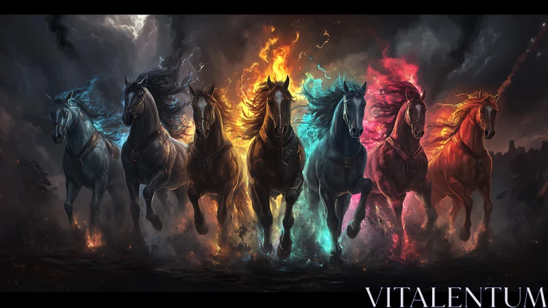 Elemental warhorses charge through stormlit apocalyptic skies