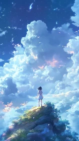 Solitary observer on aerated summit beneath stratocumulus vault.