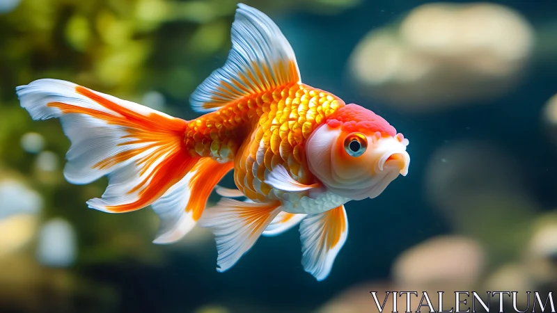 Goldfish with flowing fins in clear underwater scene.