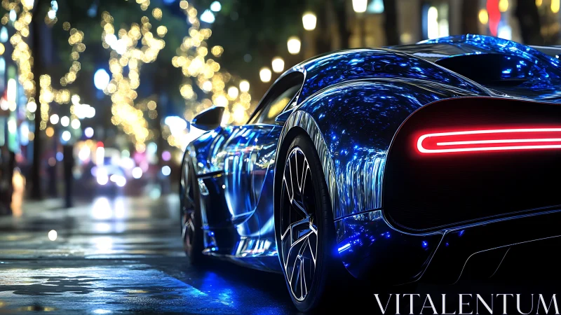 Blue supercar on wet city street with vivid night lights.