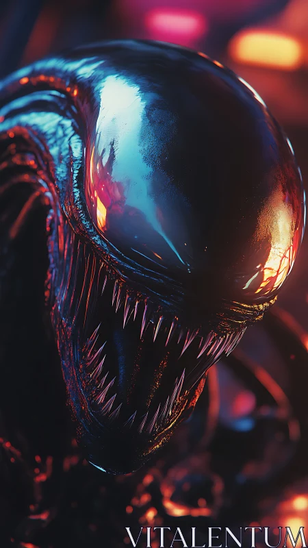 Chrome-fanged nightcrawler grinning in neon embers.