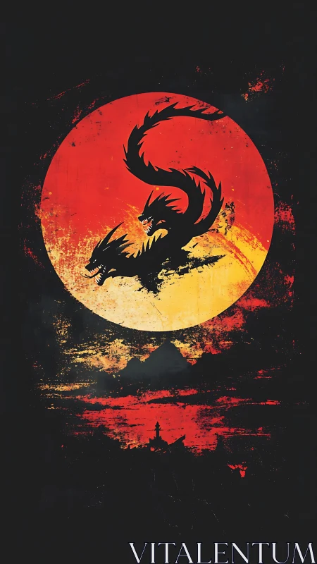 Two-headed dragon silhouette over grunge blood moon.