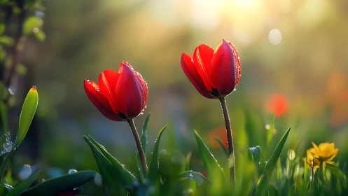 Vivid Red Tulips Glistening With Morning Dewdrops.