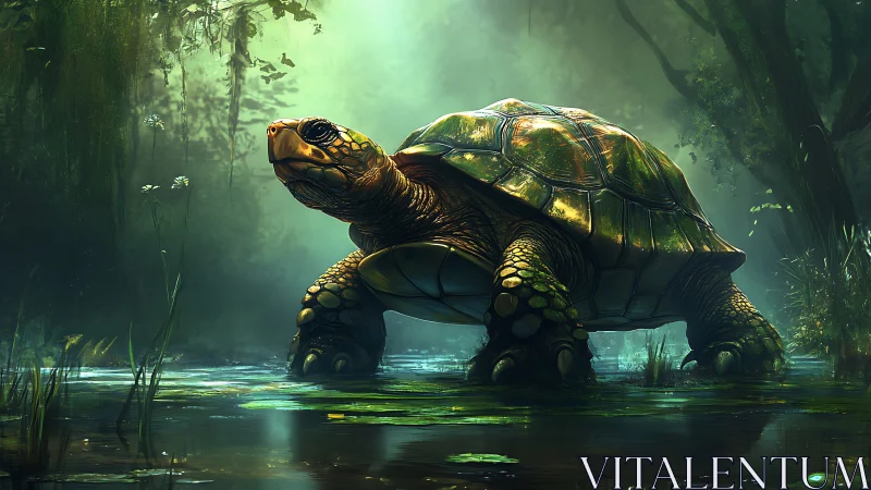 Majestic forest turtle crossing a misty luminous swamp.