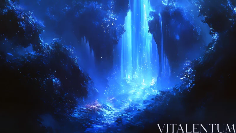 Luminous blue cavern waterfall in glowing fantasy grotto.
