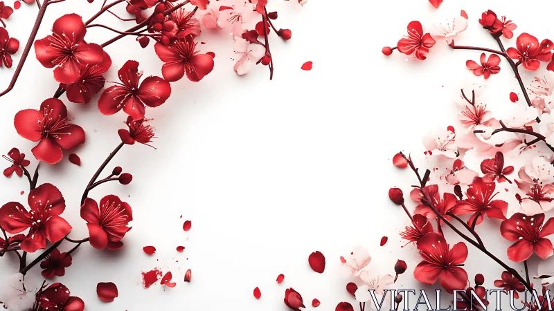 Three-dimensional floral arrangement depicting crimson botanical specimens with gradient tonal varia