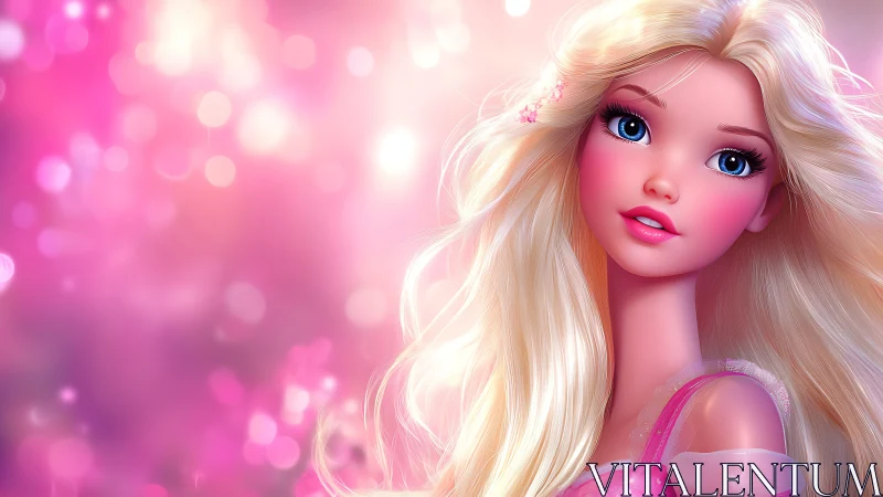 Blonde doll-like character in luminous pink bokeh portrait.