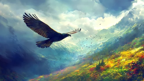 Majestic Eagle Soaring Over Vibrant Mountain Valley, Digital Art.