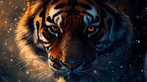 Tiger close-up with glowing amber eyes in dark setting.