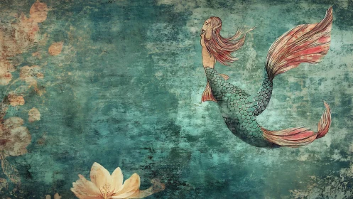 Mermaid illustration moves laterally across textured teal field