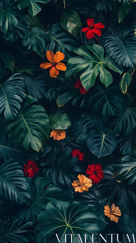 Tropical foliage pattern with saturated florals in digital painting.