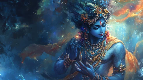 Celestial blue deity dances amid swirling cosmic light.