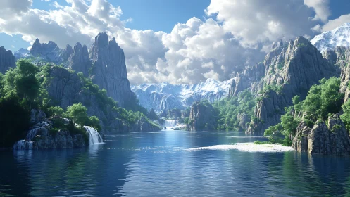 Sunlit alpine fjord with crystal waterfalls and cliffs.