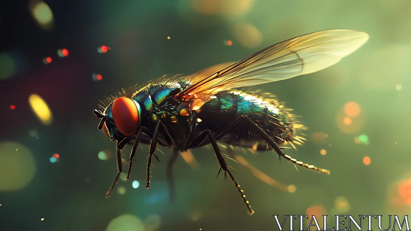 Glowing housefly shimmers with jewel bright wings and light.