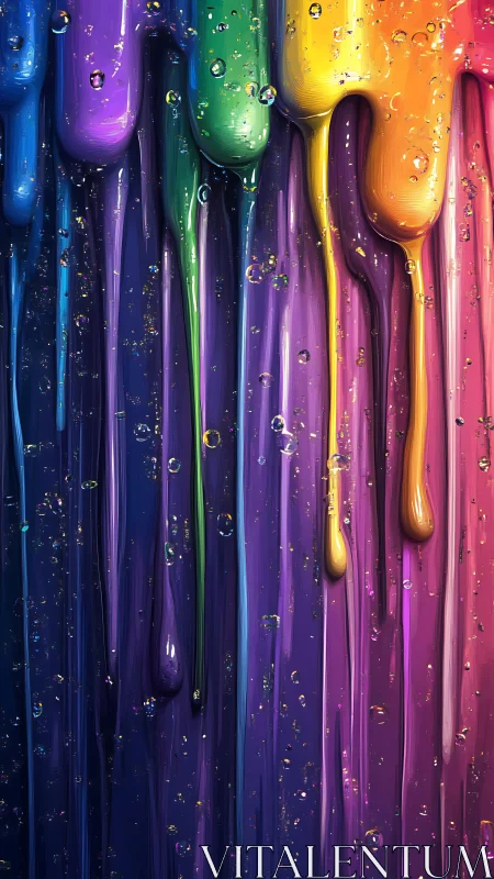 Dripping rainbow pigments with glossy liquid texture detail.
