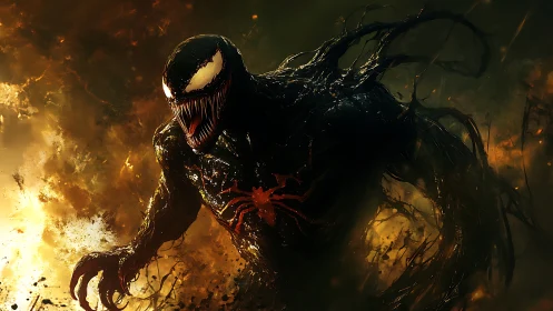 Ferocious black symbiote strides through blazing chaos