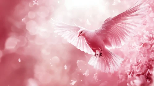 Elegant white dove in flight with pink floral background, soft focus.