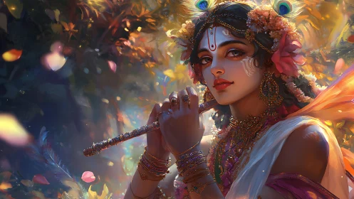Ornately adorned flute player rendered in high-detail digital painting