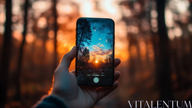 Sunset framed by a phone screen in a quiet glowing forest.