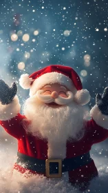 Jolly Santa in falling snow, glowing with cozy cheer.