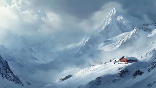 Remote ski chalet beneath towering storm-lit peaks.