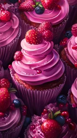 Vibrant Berry Cupcakes in Magenta Swirls and Fresh Fruit