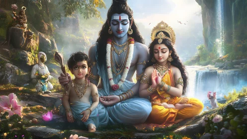 Divine Hindu family meditates in a luminous waterfall sanctuary