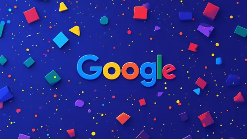 Google logo on deep blue background with colorful confetti.