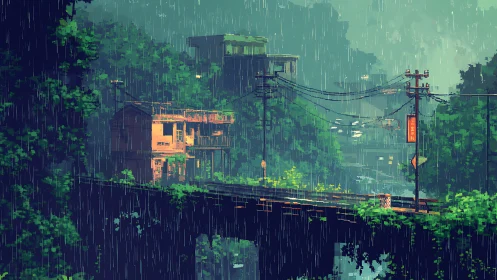 Quiet bridge town in the rain, wrapped in lush green calm.