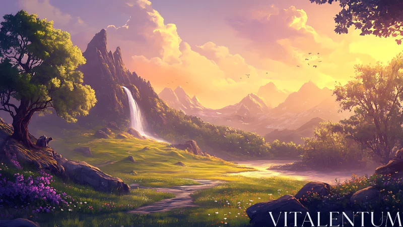 Sunlit waterfall valley where quiet mountains dream awake.