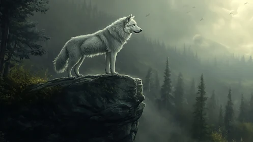 Lone white wolf crowned by mist on a brooding cliff edge.