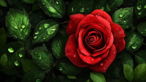 Crimson Romance: Jeweled Rose Blooms Among Raindrops.