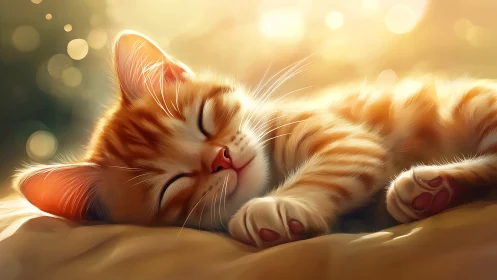 Ginger Tabby Cat Sleeping in Golden Sunlight with Soft Focus Bokeh.
