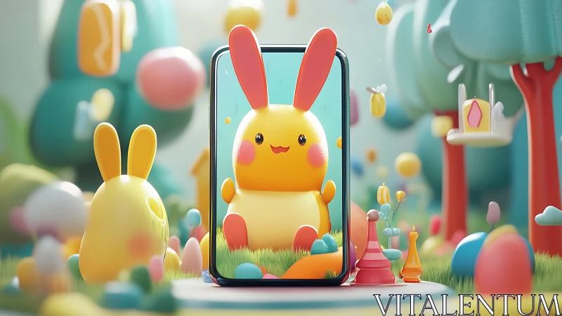 Mobile screen with stylized rabbit in pastel toy landscape.