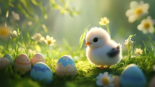 Soft-lit spring chick among pastel Easter eggs in meadow.