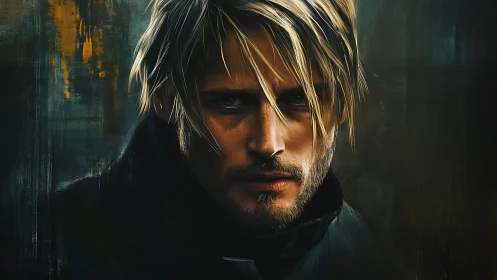 Male portrait with blond hair against dark abstract background.