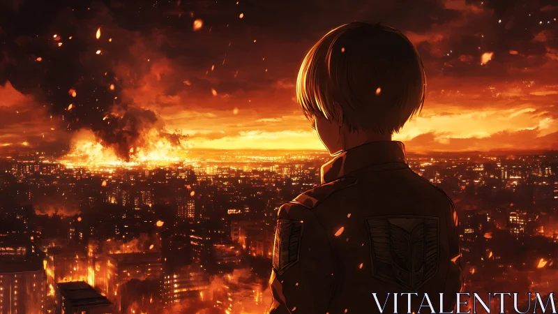 Figure observing extensive urban fire under orange sky.