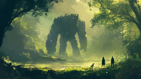 Forest colossus awakens before three tiny wanderers.