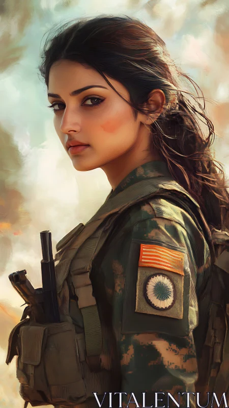 Calm young soldier gazing back with quiet, steady resolve.