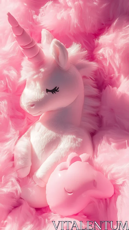 Dreamy pink unicorn snuggles softly in a fluffy pastel nest