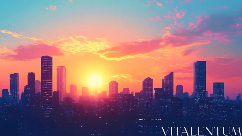 Neon sunset washes a modern city skyline in radiant light.