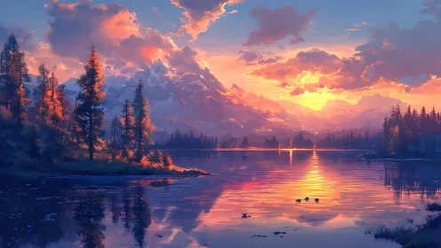 Mountain lake reflects layered sunset sky and forest