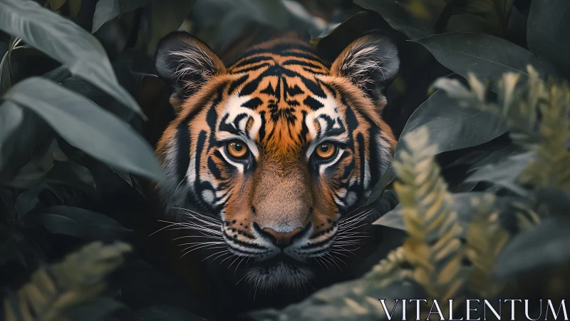 Tiger gaze emerges from dense jungle foliage in silence.