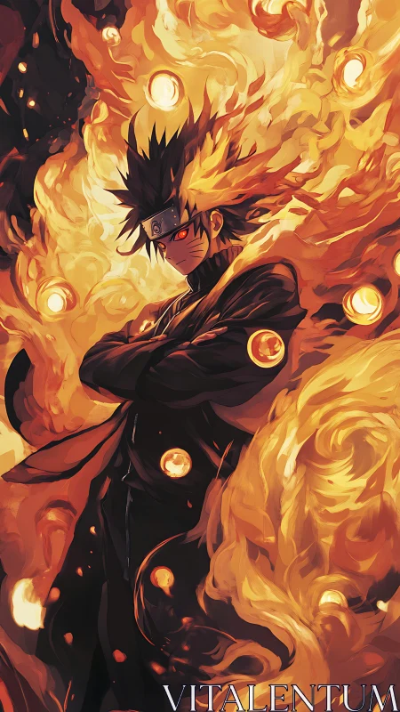 Fiery anime shinobi engulfed in swirling orange chakra flames