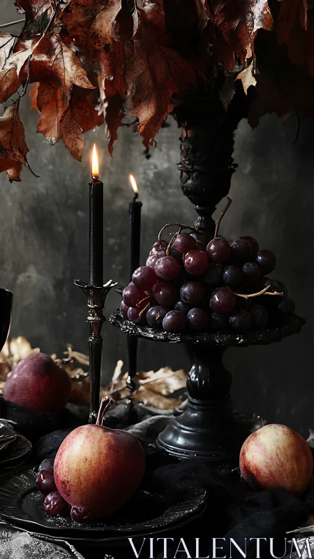 Moody still life with autumn leaves, dark candles, and fruit.