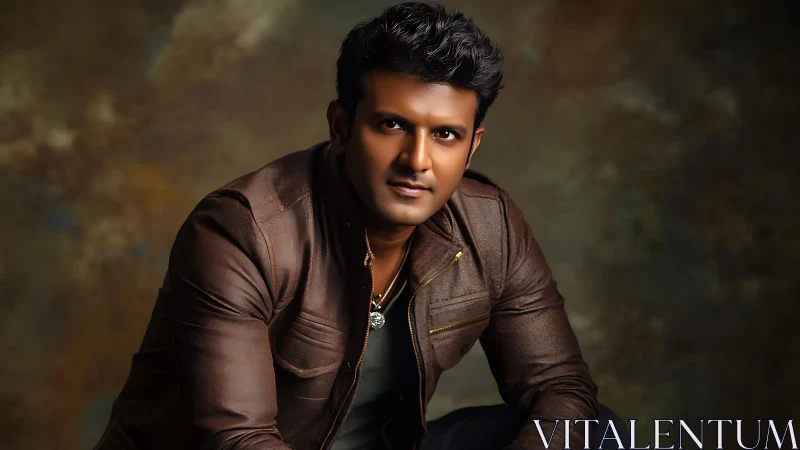 Confident man in brown leather jacket under studio lights.